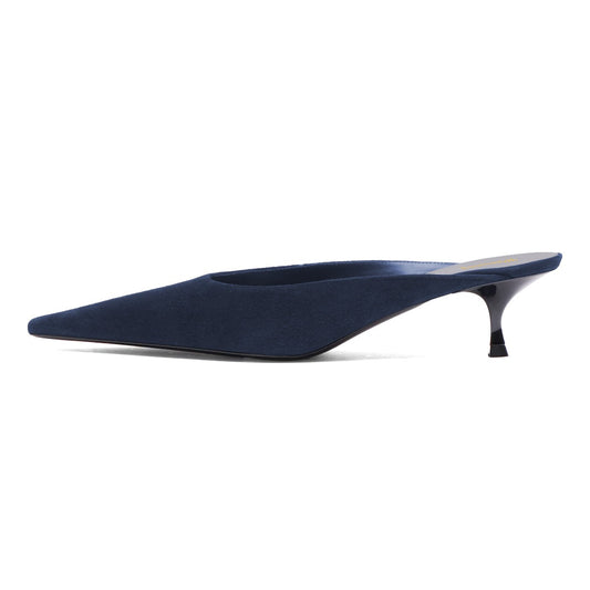 Women's Casual Vegan Suede Kitten Heel Pointy Toe Mules in Navy