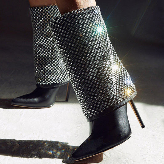 Stylish Black Rhinestone Mesh Overlay Stiletto Heel Mid Calf Boots