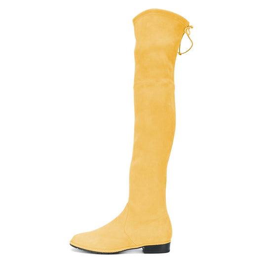Yellow Vegan Suede Round Toe Chunky Heels Flat Over-The-Knee Boots