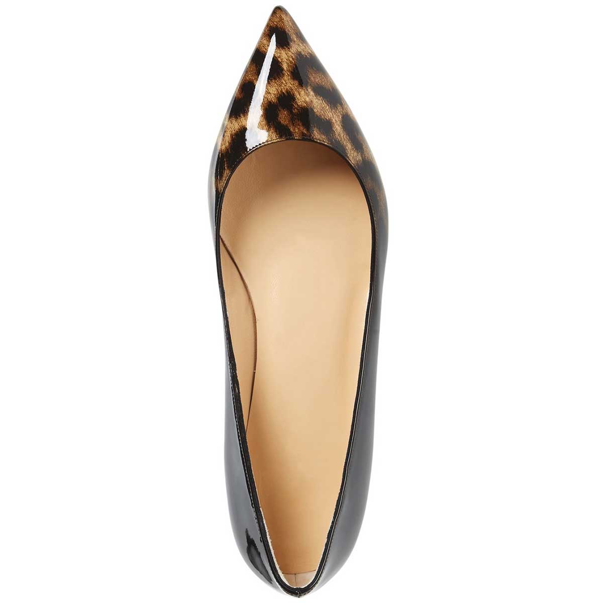 Women's Black and Leopard Print Ombre Patent Leather Pointed Toe Flats