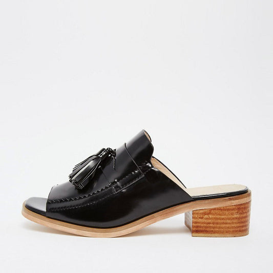 Black Open-Toe Tassel Decor Block Heel Mules Shoes