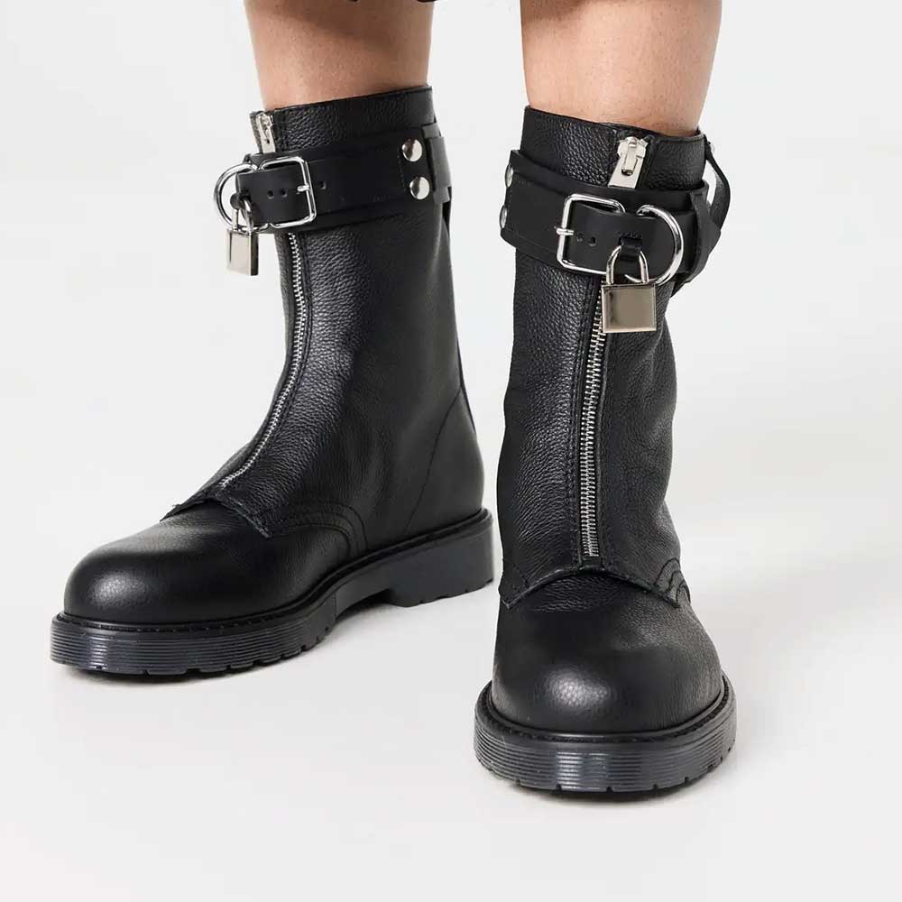 Black Round Toe Low Heel Front-Zip Ankle Boots with Buckle Straps