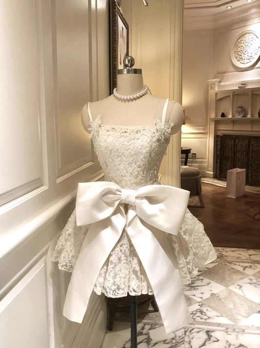 Vintage White Lace Bowknot Design Spaghetti Strap A-Line Homecoming Dress Party Dress Cocktail Dress TP4728