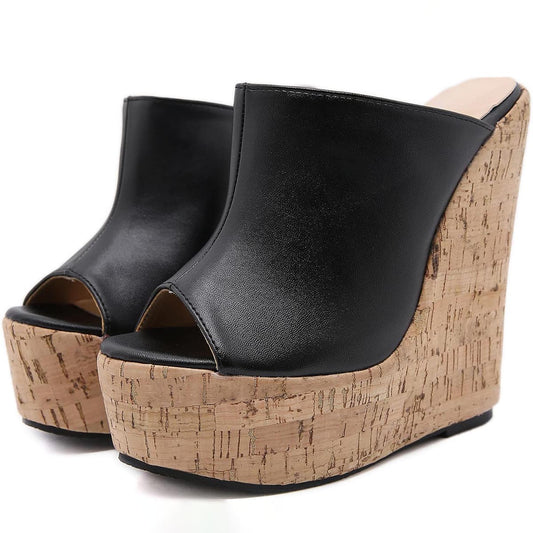 Black Cork Wedge Heels Peep Toe Platform Mules Shoes for Women