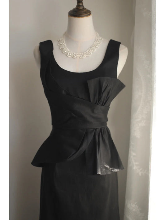 Elegant Black Pleated U-neck Mermaid Satin Long Prom Dress Evening Dress P4234