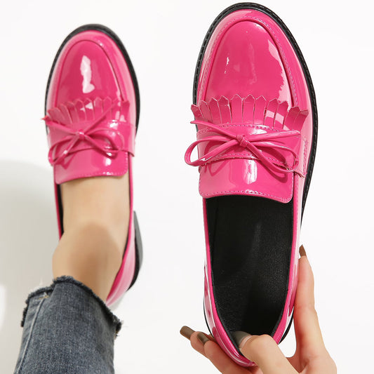 Pink Patent Leather Closed Toe Chunky Heel Loafers with Bow