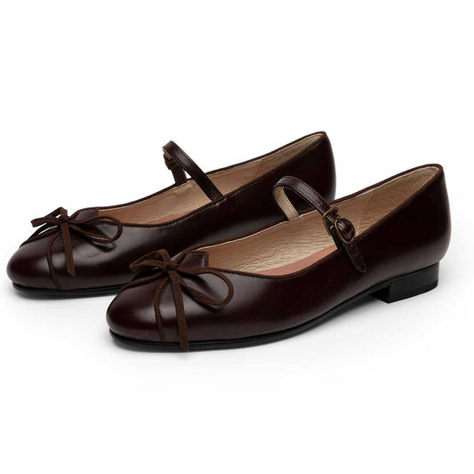 Dark Brown Vegan Leather Bow Inlay Buckle Strap Mary Jane Flats