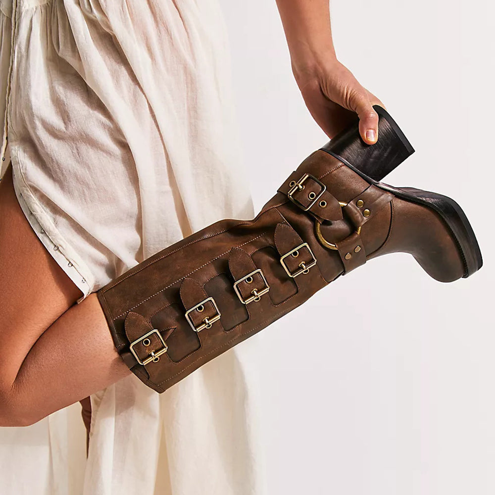 Brown Vegan Leather Closed Toe Chunky Heel Platform Mid Calf Boots