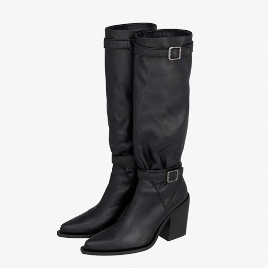 Black Vegan Leather Pointed Toe 3__ Chunky Heel Knee High Boots
