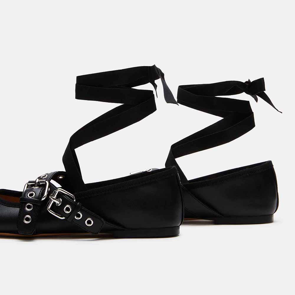 Black Round Toe Grommet Buckle Strap Lace Up Flats with Bowknot