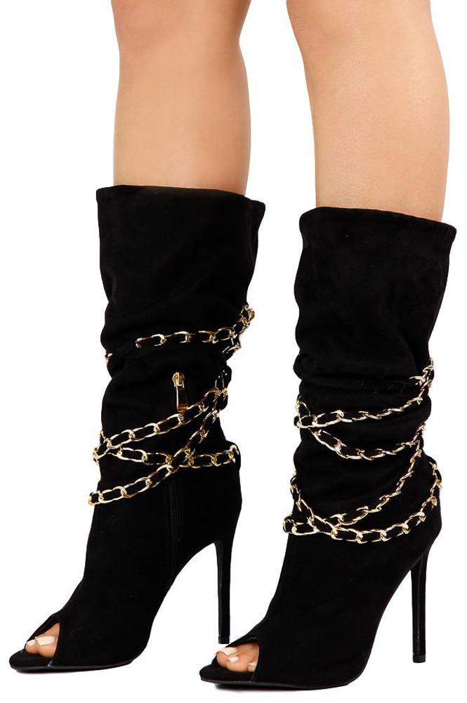 Black Vegan Suede Peep Toe Chain Mid Calf Boots with Stiletto Heel