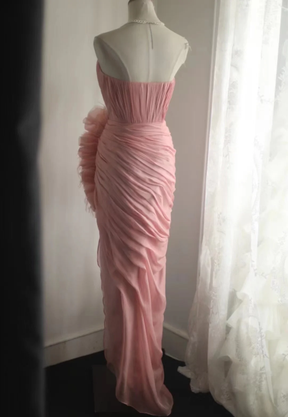 Elegant Pink 3D Floral Strapless High-slit Chiffon Prom Dress Evening Dress P4241