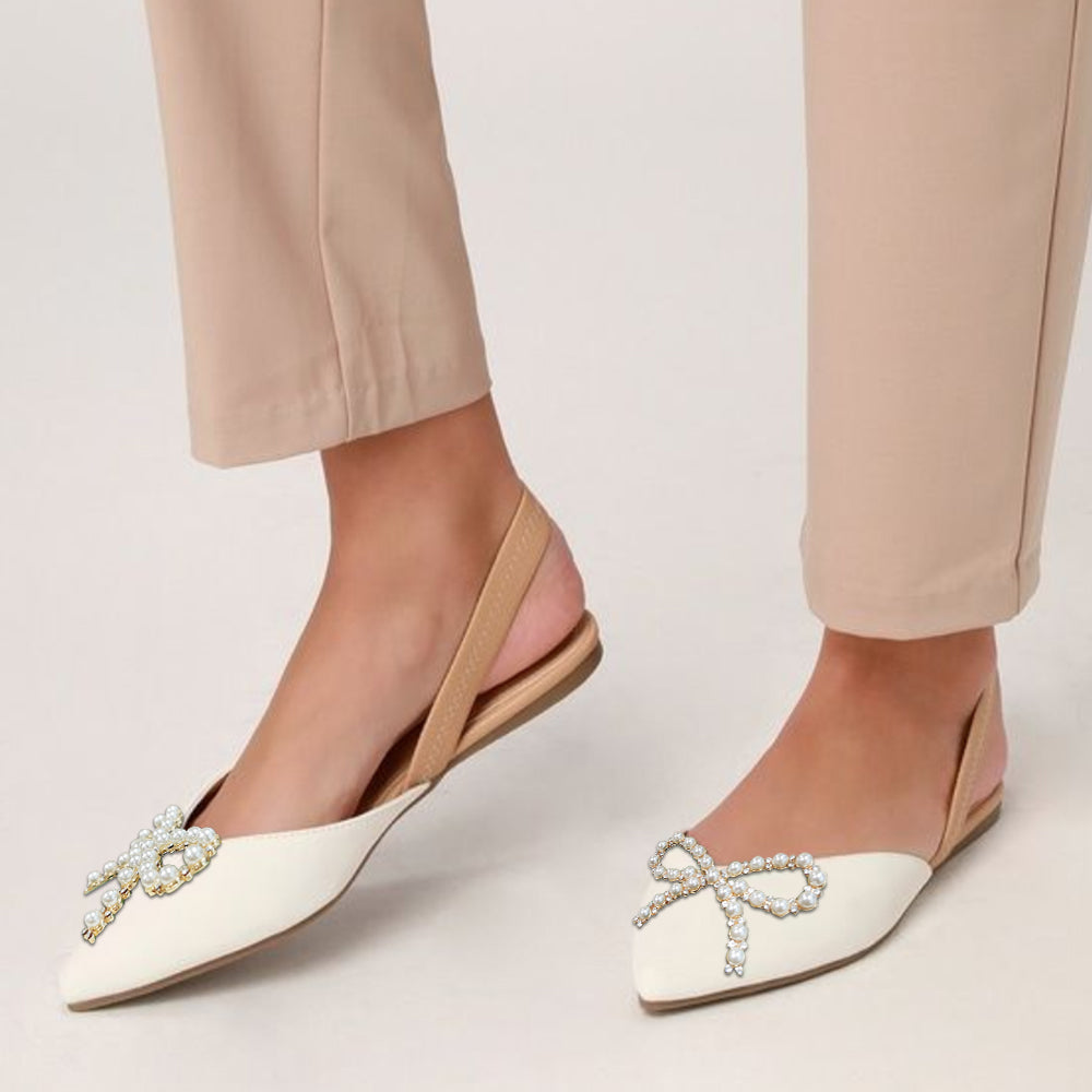 White Pointed Toe Mules With Pearl Bow Decor Slingback Flats
