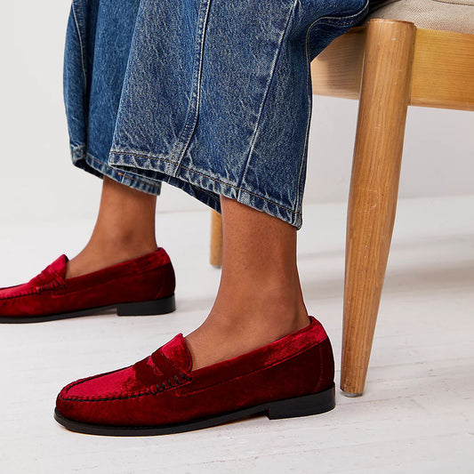 Classic Red Velvet Round Toe Flat Penny Loafers Women