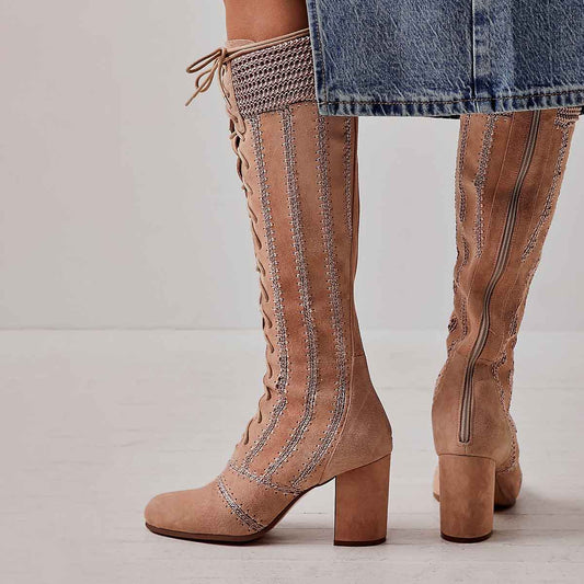 Tan Lace Up Stitching Round Toe Block Heel Knee High Boots with Zipper