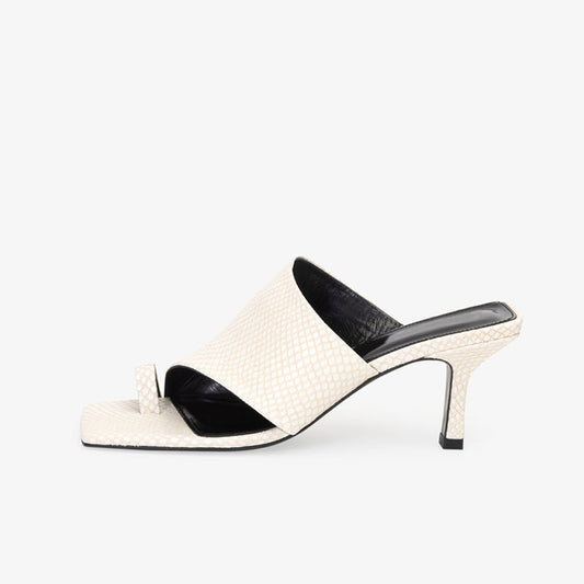 Beige Bone Snake Print Toe Ring Mules Sandals with Kitten Heel