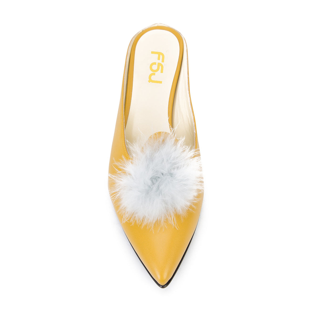 Yellow Pointed Toe Pom Poms Embellished Wedge Mules for Women