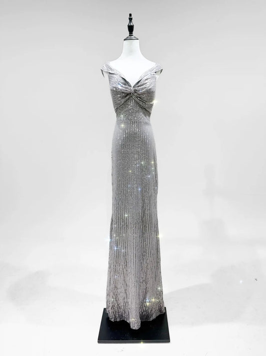 Elegant Grey Mermaid V-neck Sequined Long Prom Dress Evening Dress P4252
