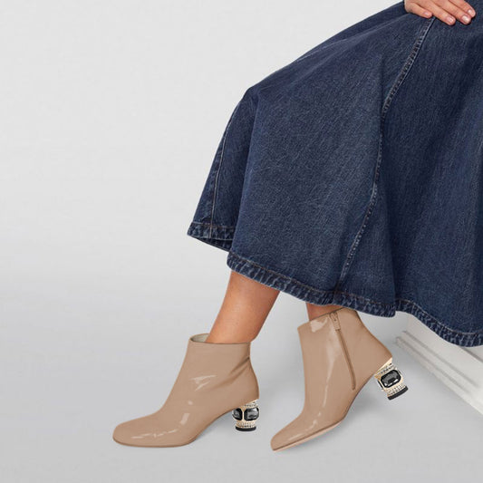 Beige Patent Leather Round Toe Decorative Heel Side-Zip Ankle Boots
