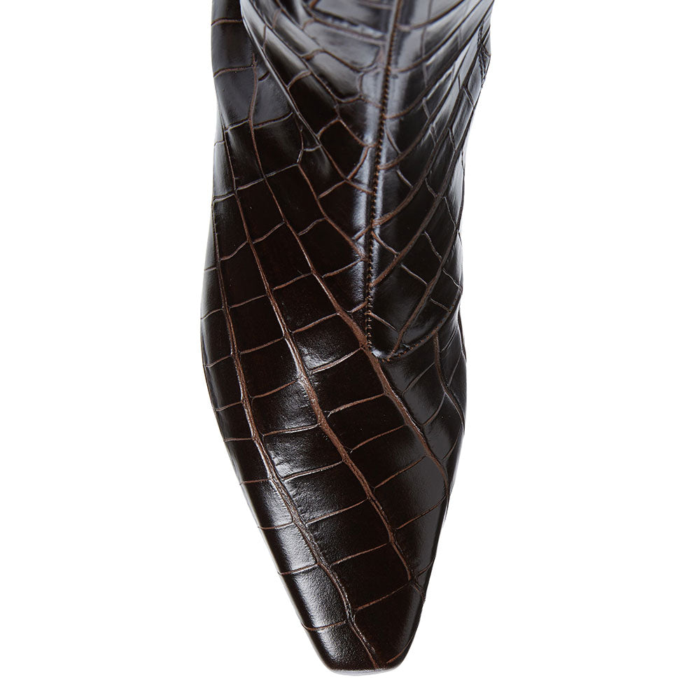 Dark Brown Kitten Heel Square Toe Croc Embossed Knee High Boots