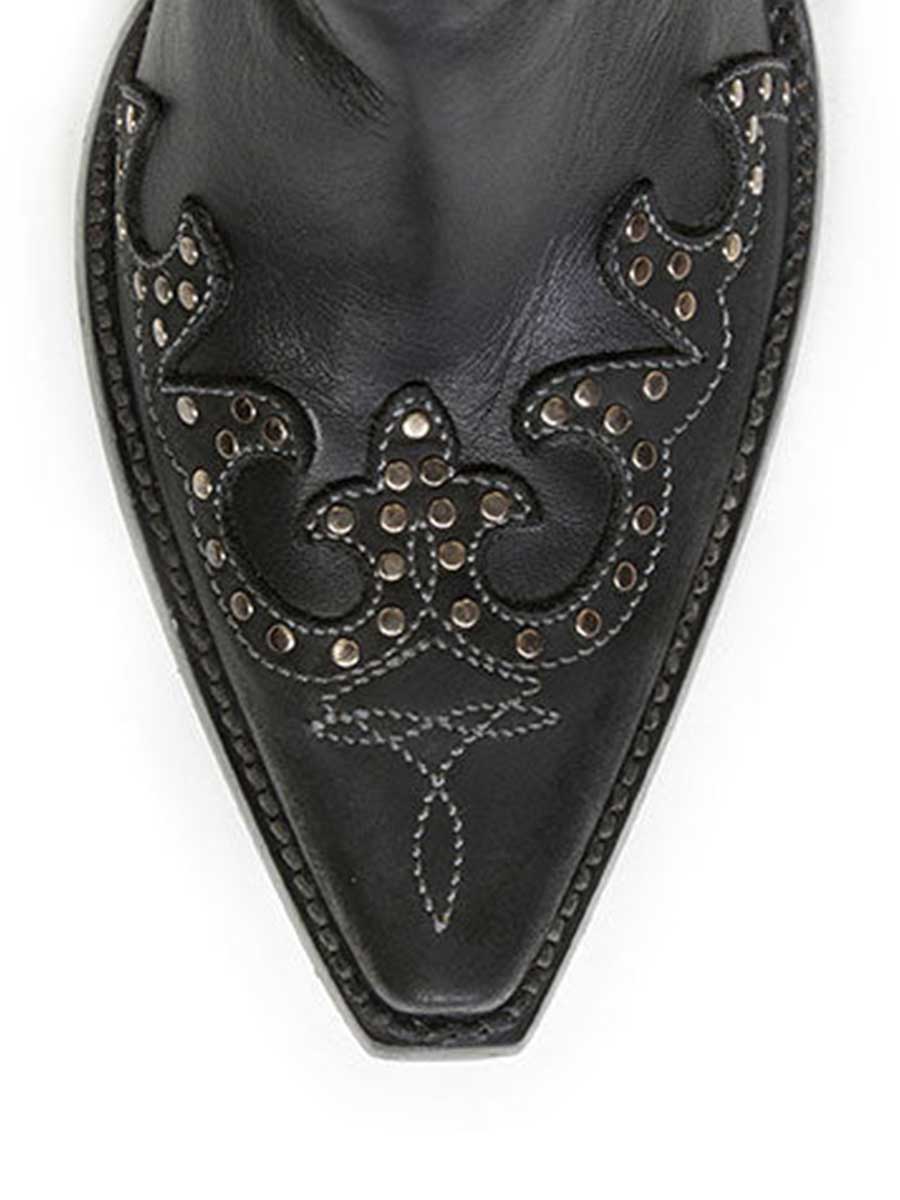 Black Vegan Leather Snip Toe Floral Printed Studded Block Heeled Cowgirl Ankle Boots