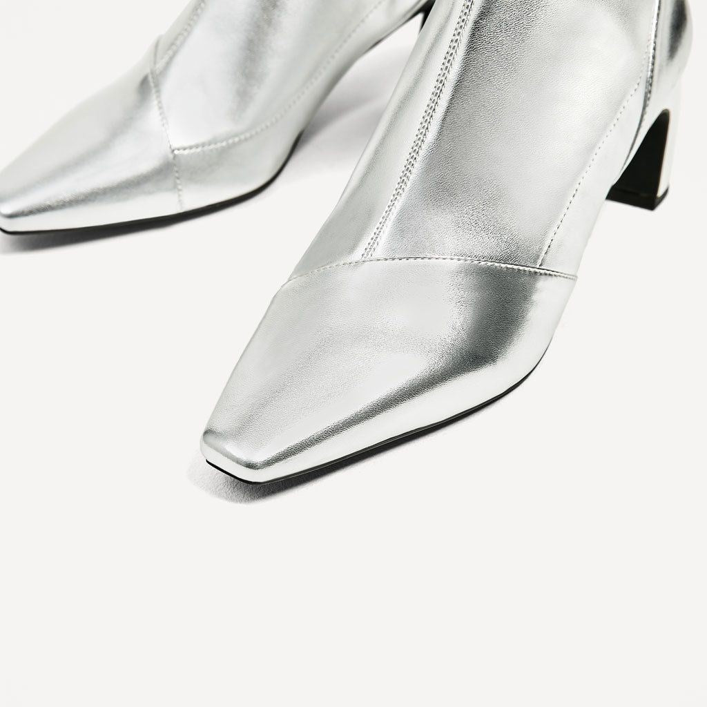 Silver Metallic Square Toe Chunky Heel Side Zip Ankle Boots