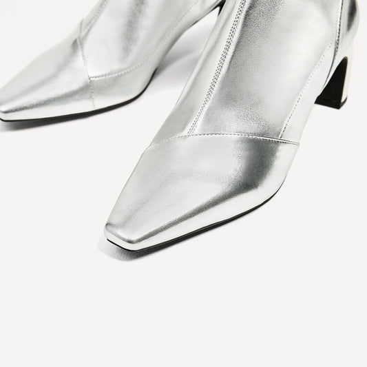 Silver Metallic Square Toe Chunky Heel Side Zip Ankle Boots