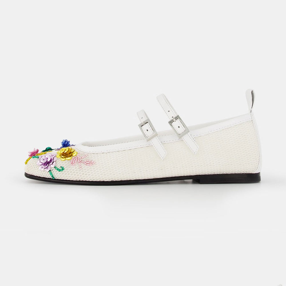 White Mesh Closed Toe Mary Jane Flats with Beads & Sequins Flowers