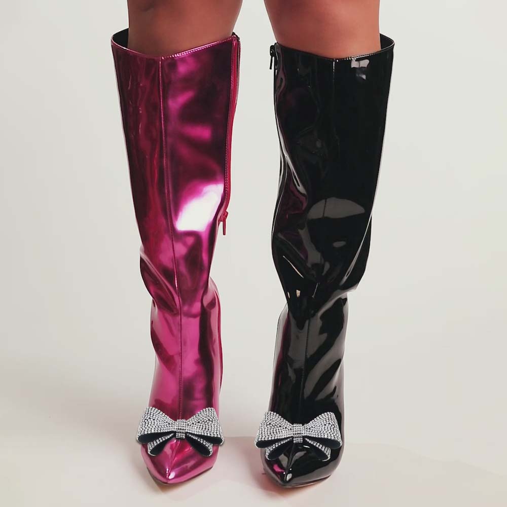 Metallic Fuchsia Stiletto Heel Knee High Boots with Rhinestone Bow