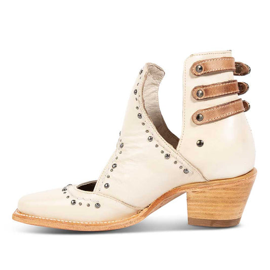Beige Closed Toe Studded Hollow-Out Block Heel Side V Cut Ankle Boots
