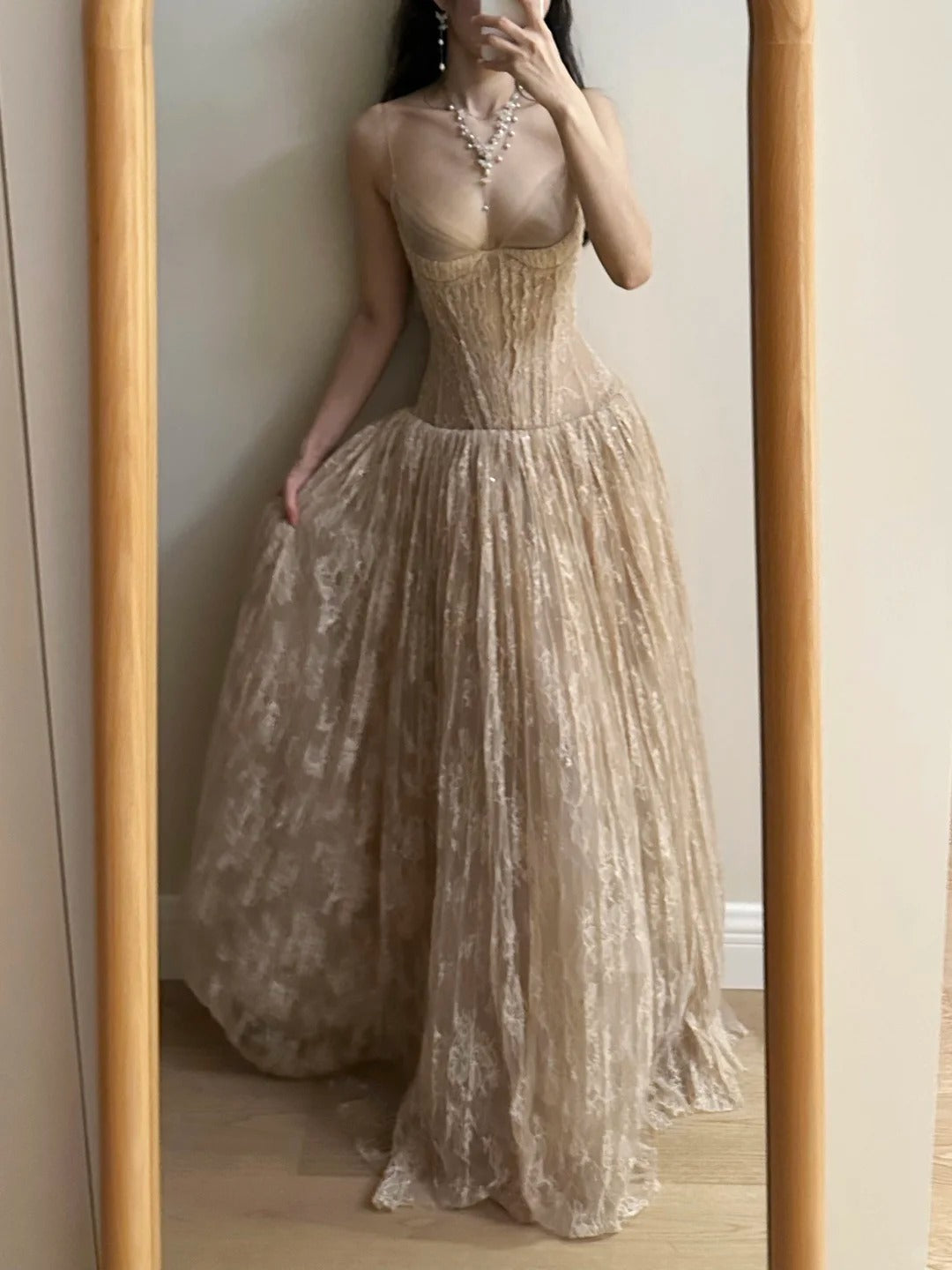 Elegant Nude Apricot A-line Deep V Halter Lace Long Prom Dress Evening Dress Bridesmaid Dress P4265