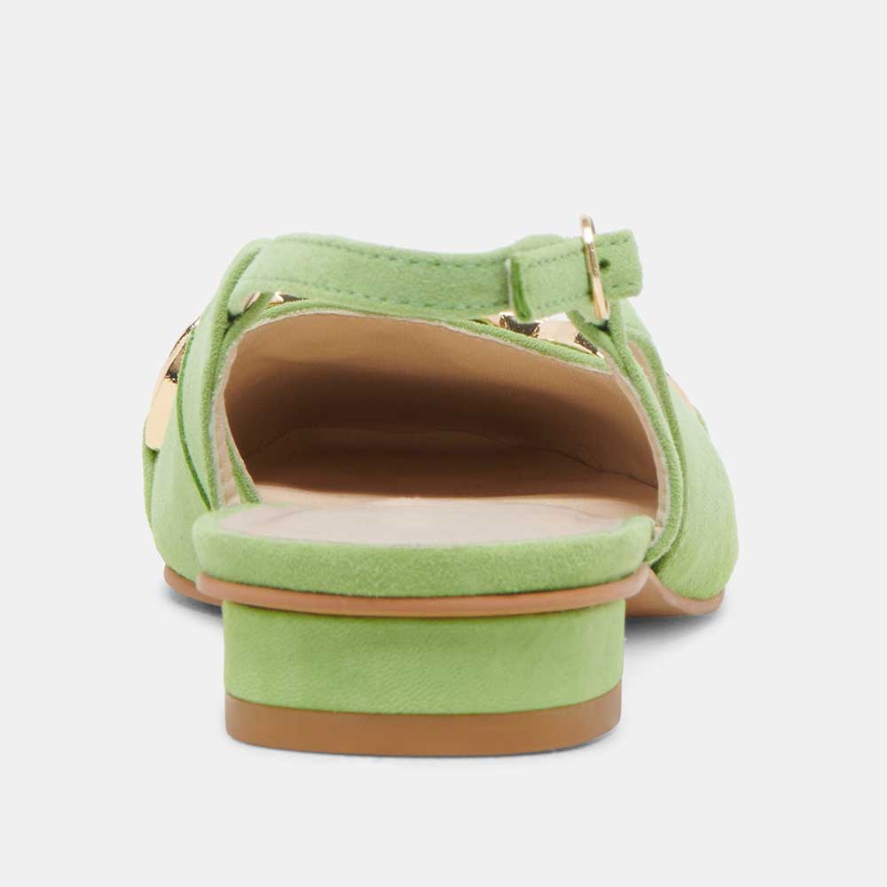Green Vegan Suede Square Toe Gold Chain Slingback Casual Flats