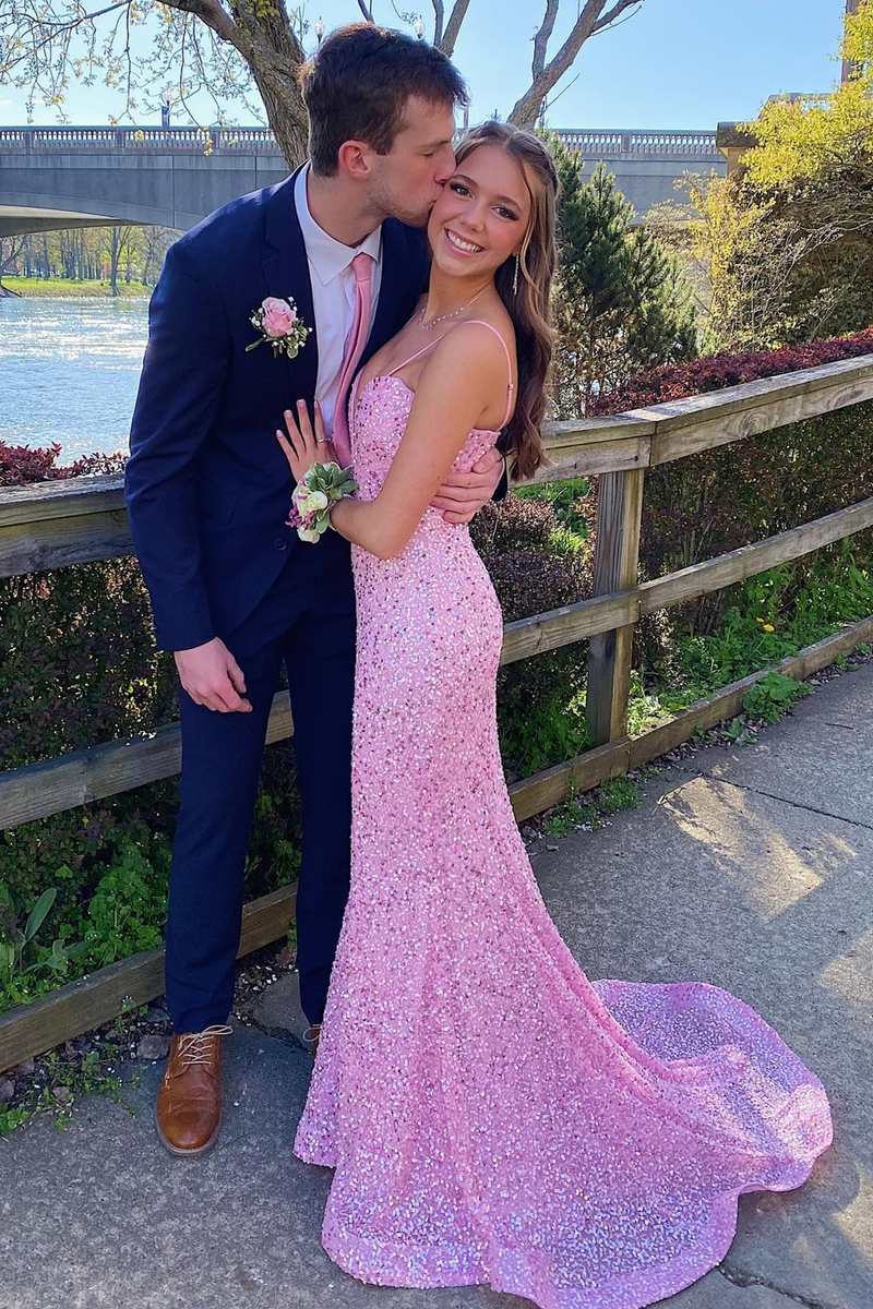 Pink Sequin Plunge V Mermaid Long Prom Dress, Dresses for Party Events