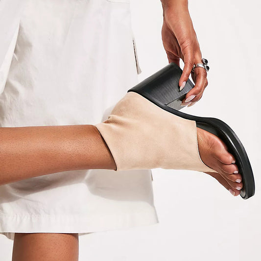 Women's Beige Vegan Suede Open-Toe Chunky Heel Summer Ankle Boots