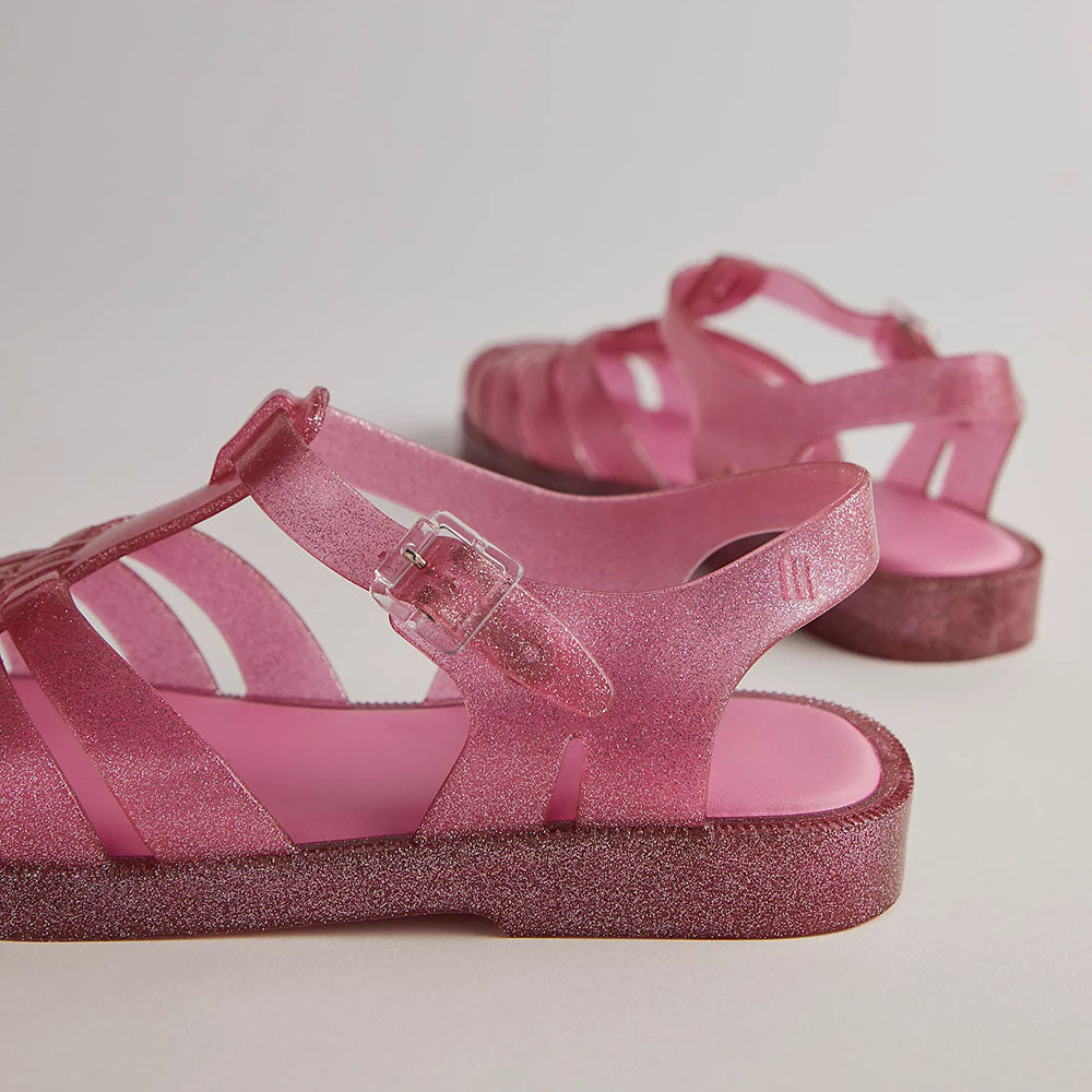 Pink Rubber Round Toe Flat Woven Buckle Strappy Sandals