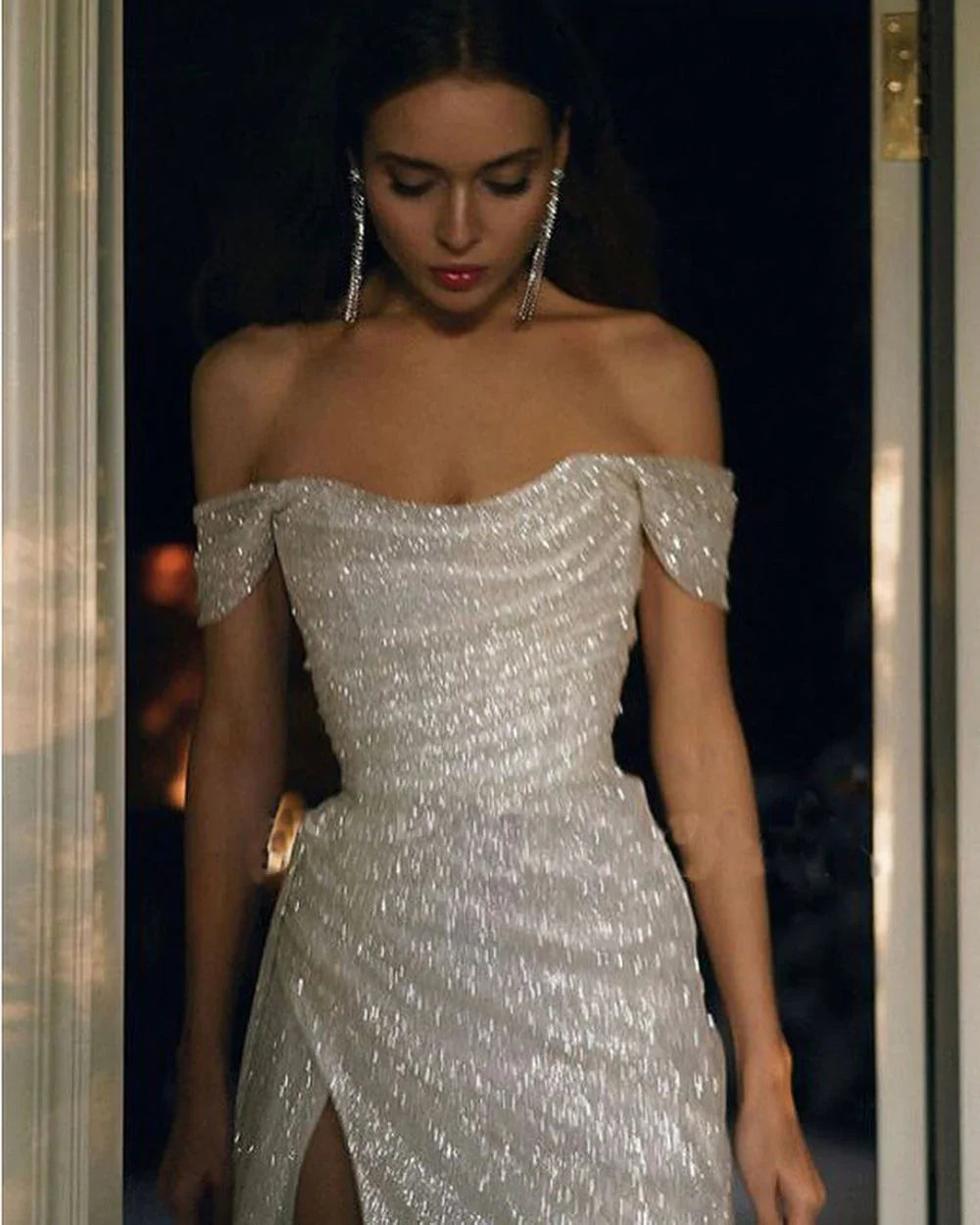 PM368,Sparkly Ivory Mermaid Off Shoulder High Slit Cheap Long Prom Dresses Online