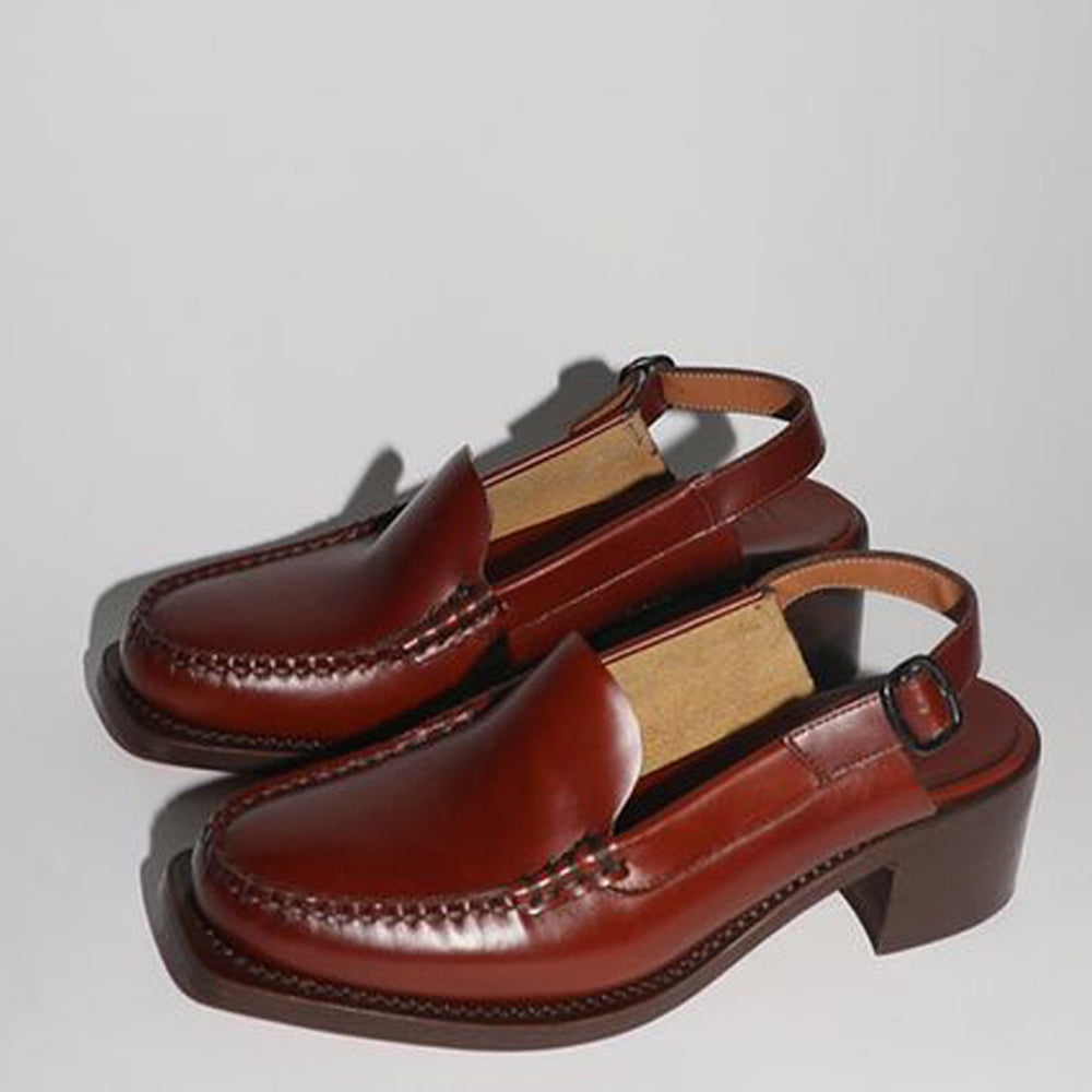 Brown Closed Toe Slingback Loafers With Low Chunky Heels