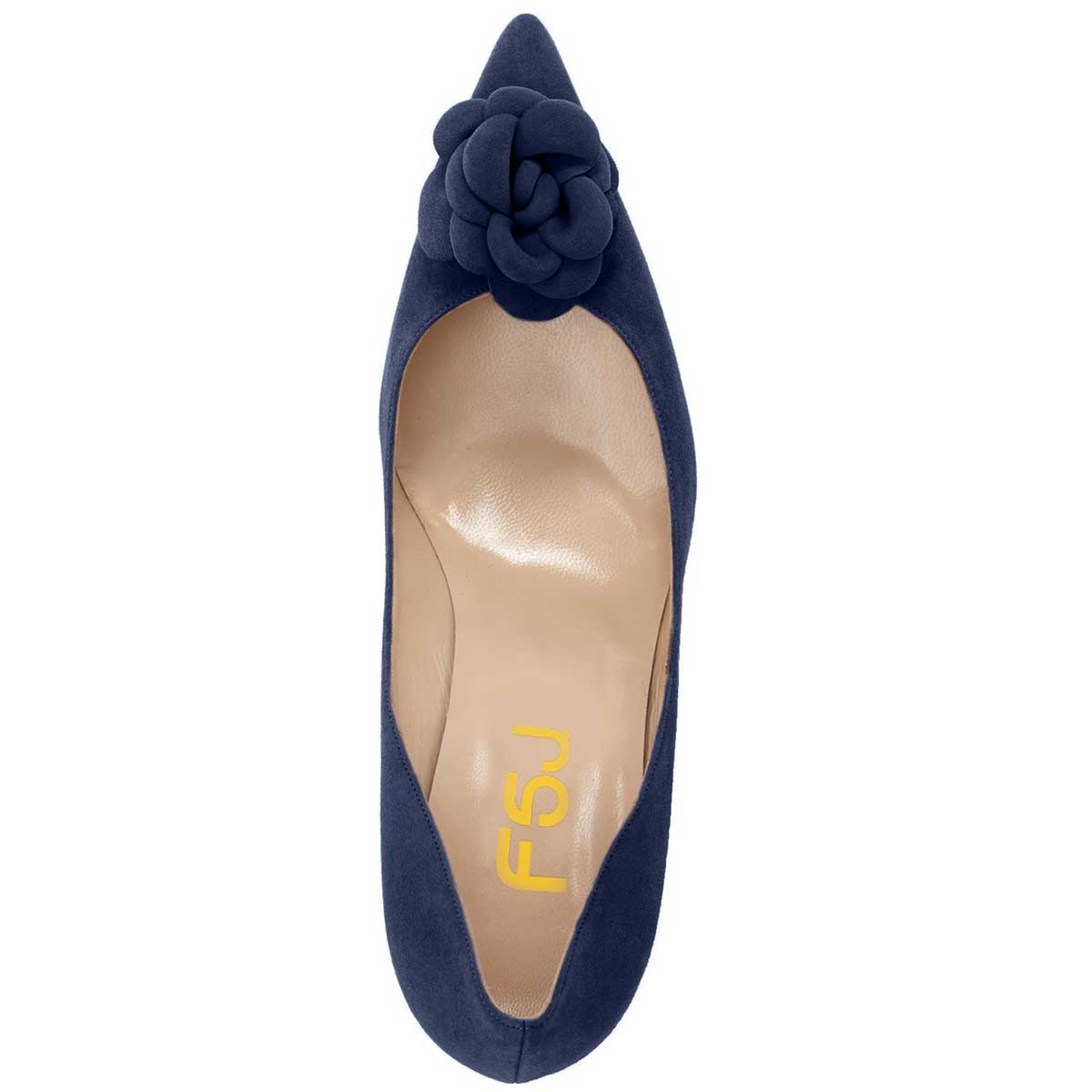 Women's Navy Flower Heels Pointed Toe Vegan Suede Dress Pumps Shoes