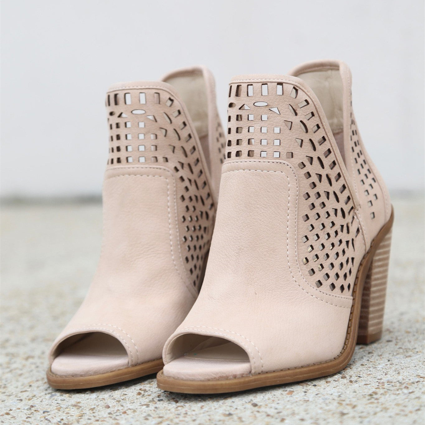 Nude Peep Toe Booties Wooden Chunky Heel Hollow Out Ankle Boots