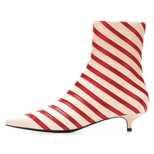 Beige and Red Kitten Heel Booties Zipper Striped Ankle Boots