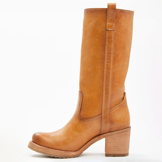 FSJ Classic Tan Round Toe Pull-On Stacked Heel Mid Calf Boots