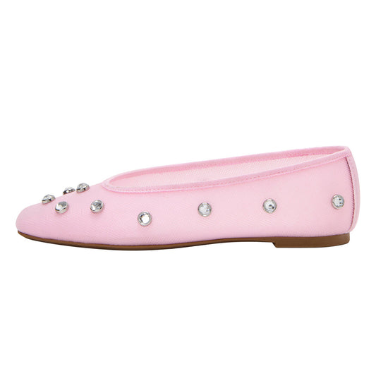 Mesh Ladies' Cute Square Toe Pink Ballet Flats with Studded Rhinestone