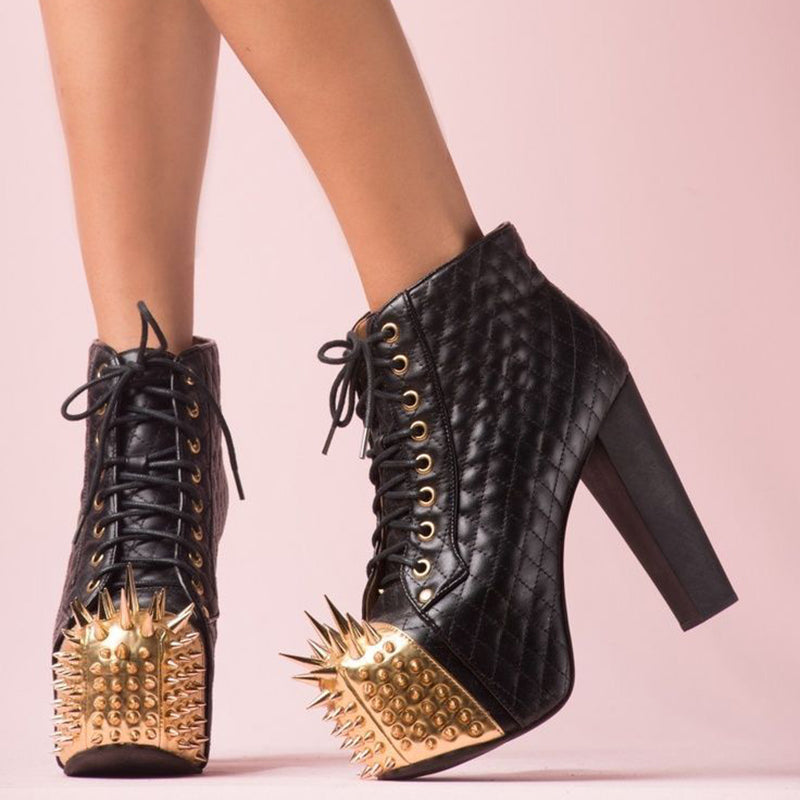 Black & Gold Rivet Lace-Up Booties Block Heel Platform Ankle Boots