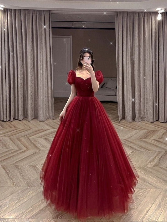 A Line Burgundy Tulle Prom Dresses, Short Sleeves Evening Dress, Long Formal Dress cg25960