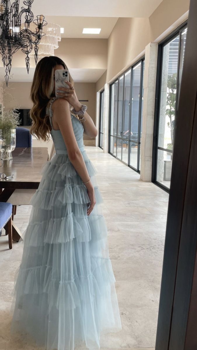 Sweet Light Blue Tulle Prom Dresses,Ruffles Pleated Baby Blue Evening Formal Gown cg25072