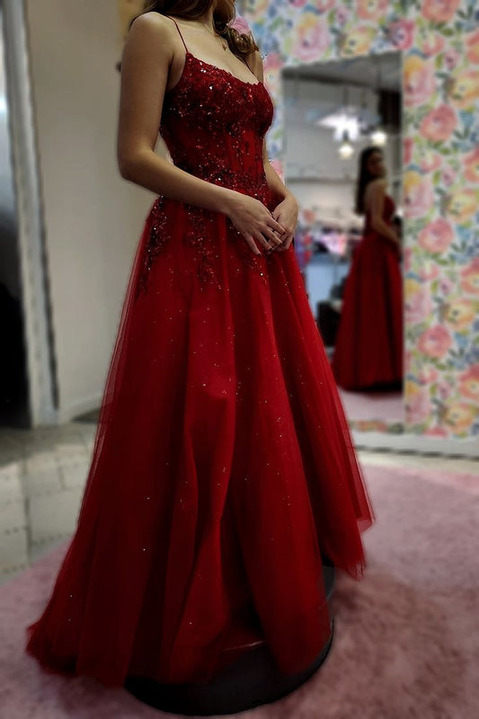 A Line Burgundy Shiny Tulle Long Party Dress Evening Dress Prom Dresses cg25673