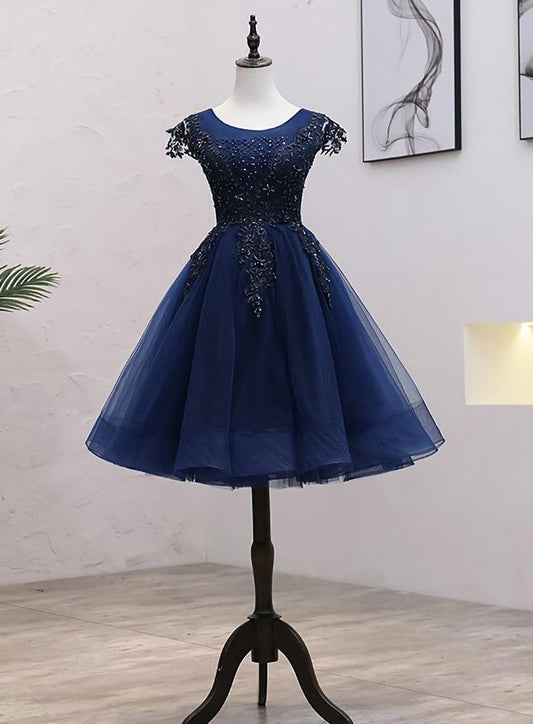 Navy Blue Tulle Beaded Knee Length Cap Sleeves Prom Dress, Blue Homecoming Dress cg25019