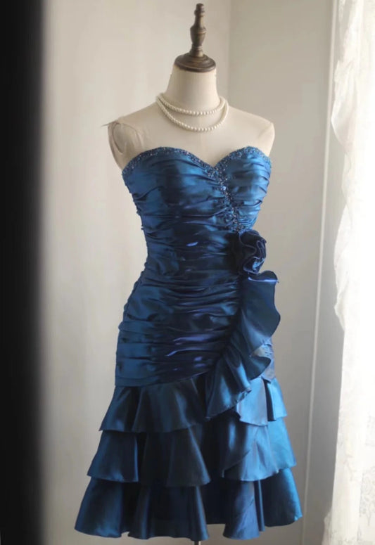 Retro Blue Beading Design A-line Satin Strapless Sweetheart Tiered Party Dresses Homecoming Dresses, TP3806