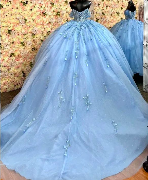 Elegant Blue Beaded Applique Off-the-shoulder Sweet 16 Quinceanera A-Line Prom Dress Birthday Dress Evening Dress Ball Gown TP4525