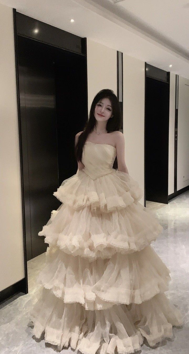 A Line Strapless Light Champagne Tulle Long Evening Dress Prom Dresses cg25649